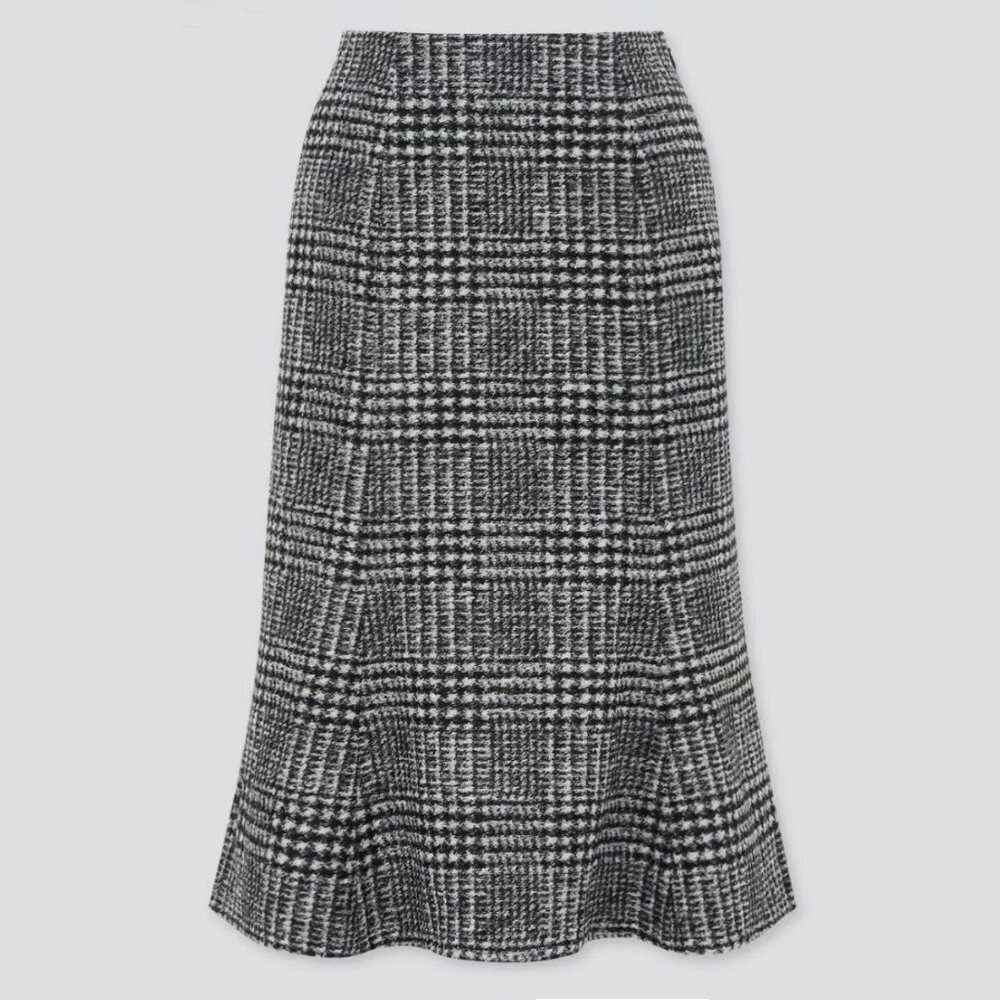 Like New Uniqlo Wool Blend Plaid Midi Skirt Grey Black XS - Picture 2 of 7